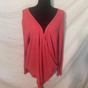 Caslon Womens 2X Pink Ribbed Thermal Surplice Wrap V-Neck Long Sleeve Top